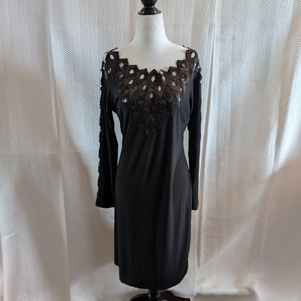 Joseph Ribkoff Black Sequin Dress Long Sleeve Size 10 Cocktail Wedding Guest